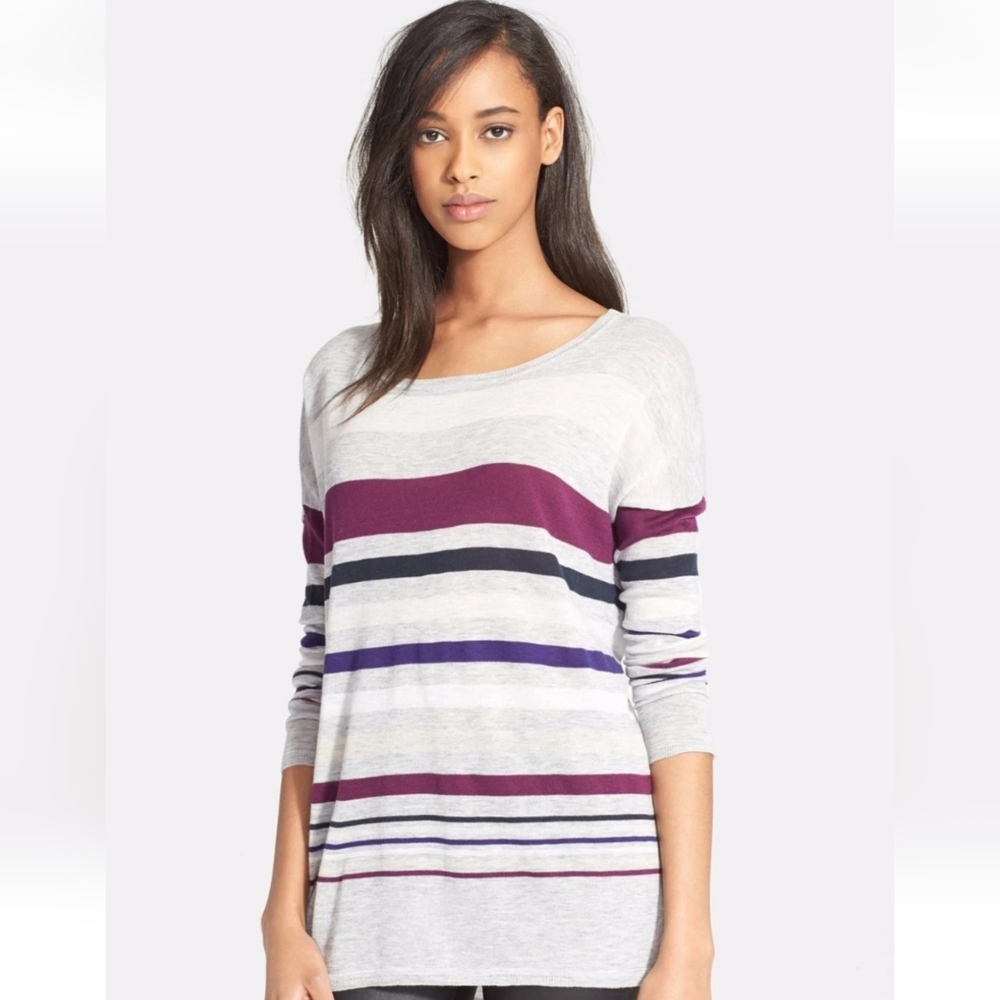 Vince Striped Marino Wool Blend Sweater Gray Navy Purple Size S